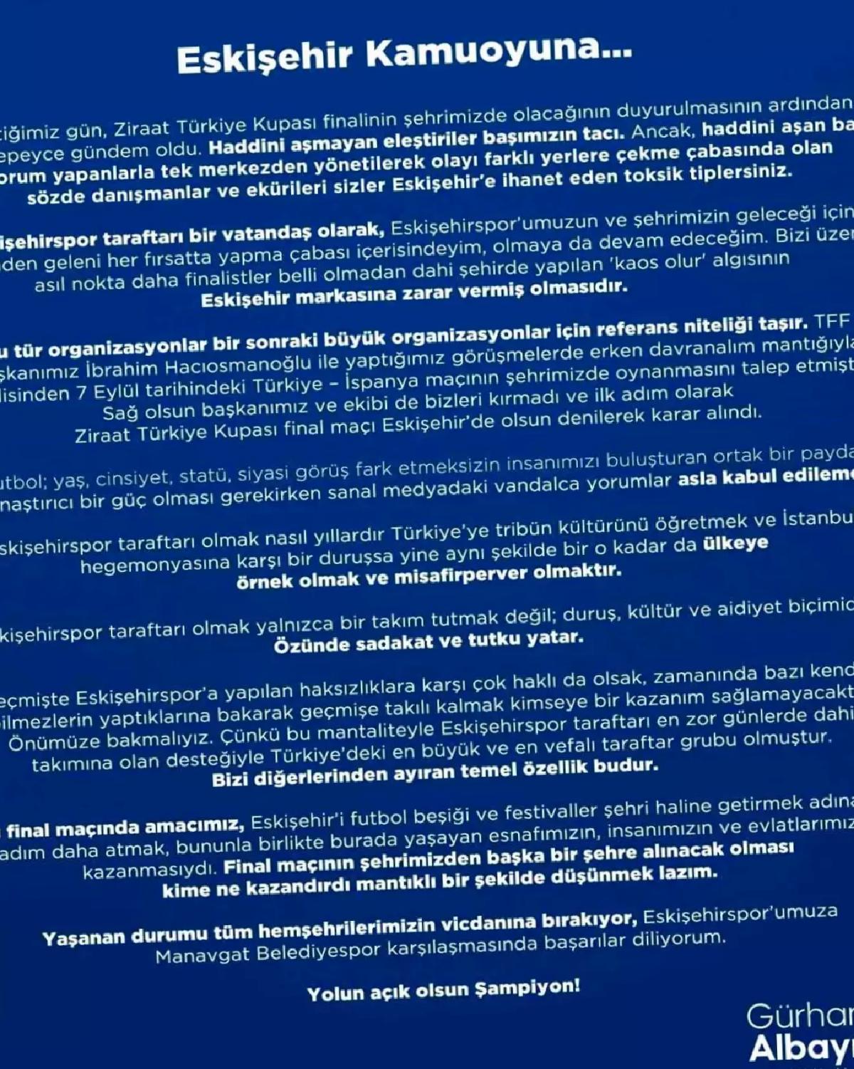 AK Parti İl Başkanı Albayrak’tan Ziraat Türkiye Kupası Finali Açıklaması