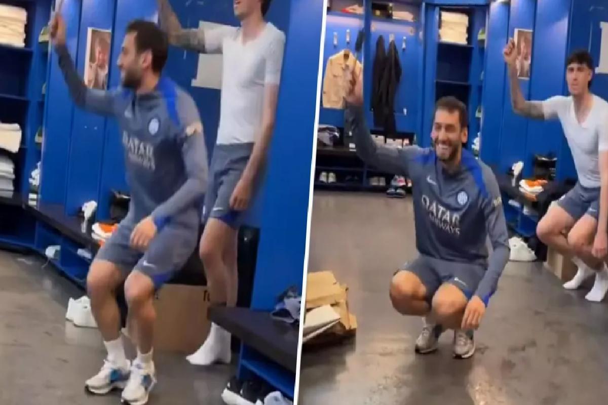 Maçı kazanan Hakan Çalhanoğlu soyunma odasında halay çekti