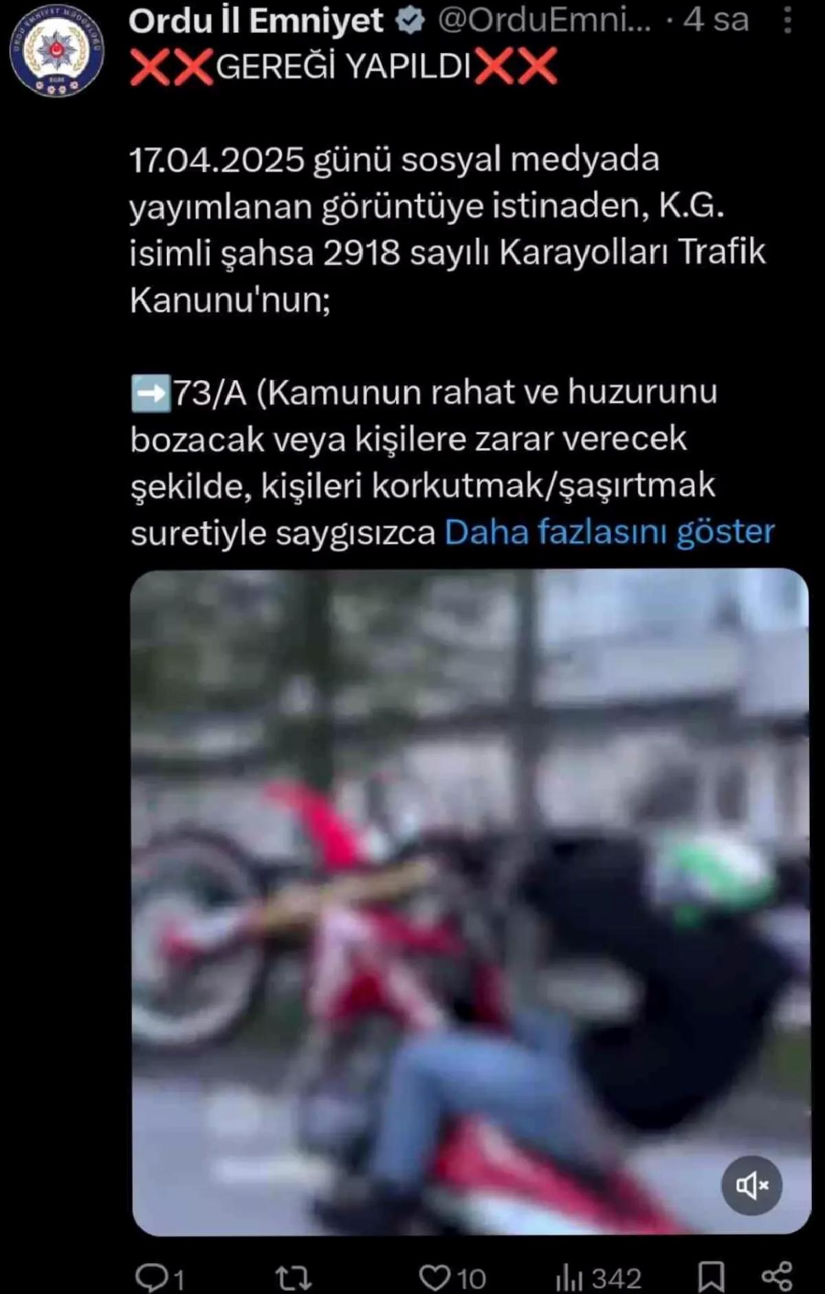 Ordu’da Tek Tekerlekle Motosiklet Kullanan Sürücüye Cezai İşlem