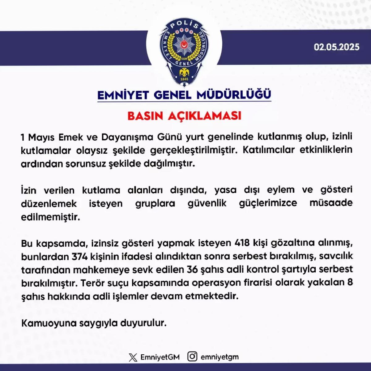 1 Mayıs’ta 418 Gözaltı