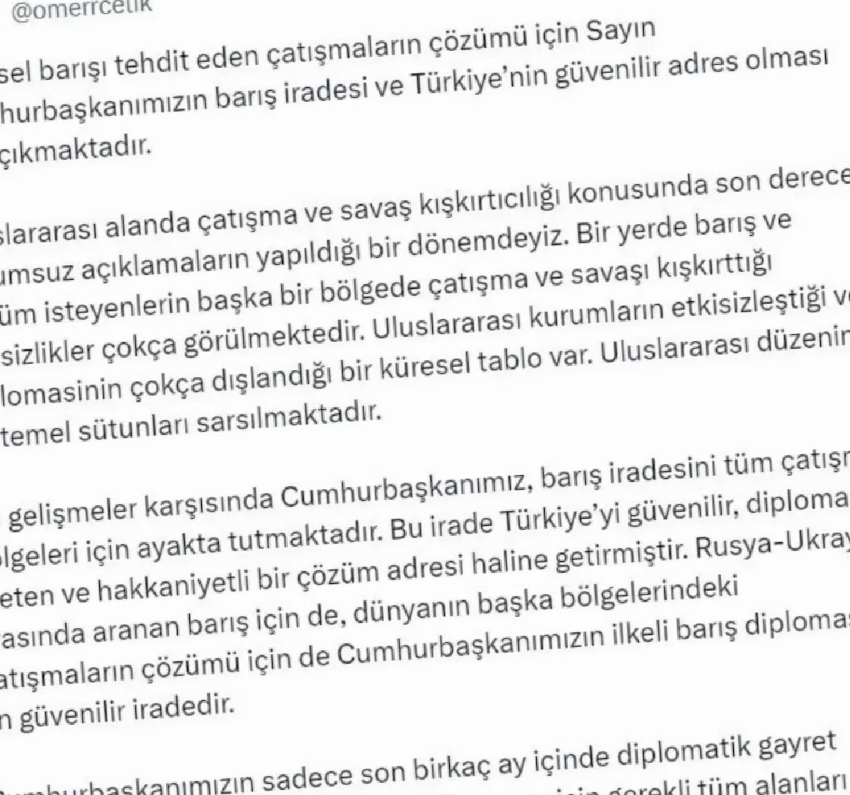 AK Parti Sözcüsü Çelik: Cumhurbaşkanımızın barış iradesi en güvenilir iradedir