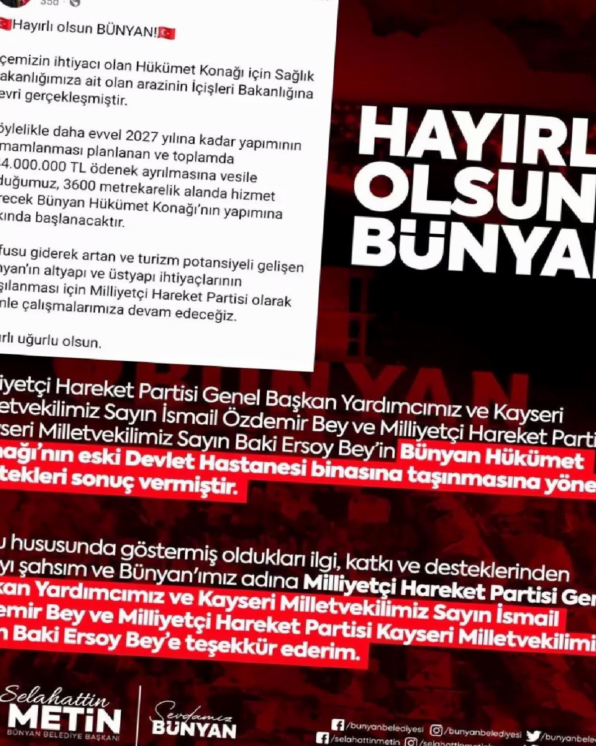 Bünyan Hükümet Konağı Eski Devlet Hastanesine Taşınıyor