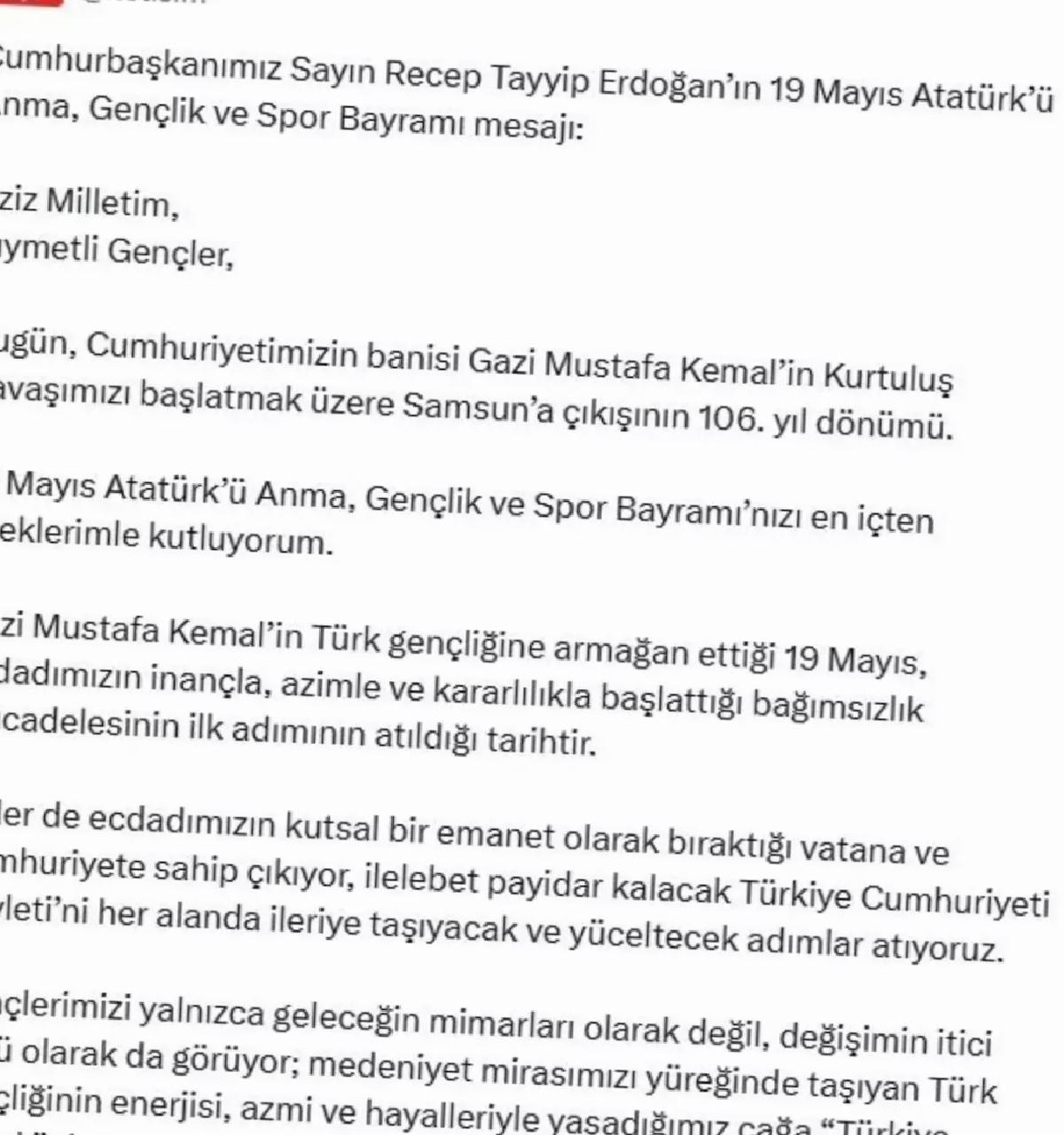 Cumhurbaşkanı Erdoğan’dan 19 Mayıs Mesajı: Gençlerimizle Birlikte Yürüyoruz