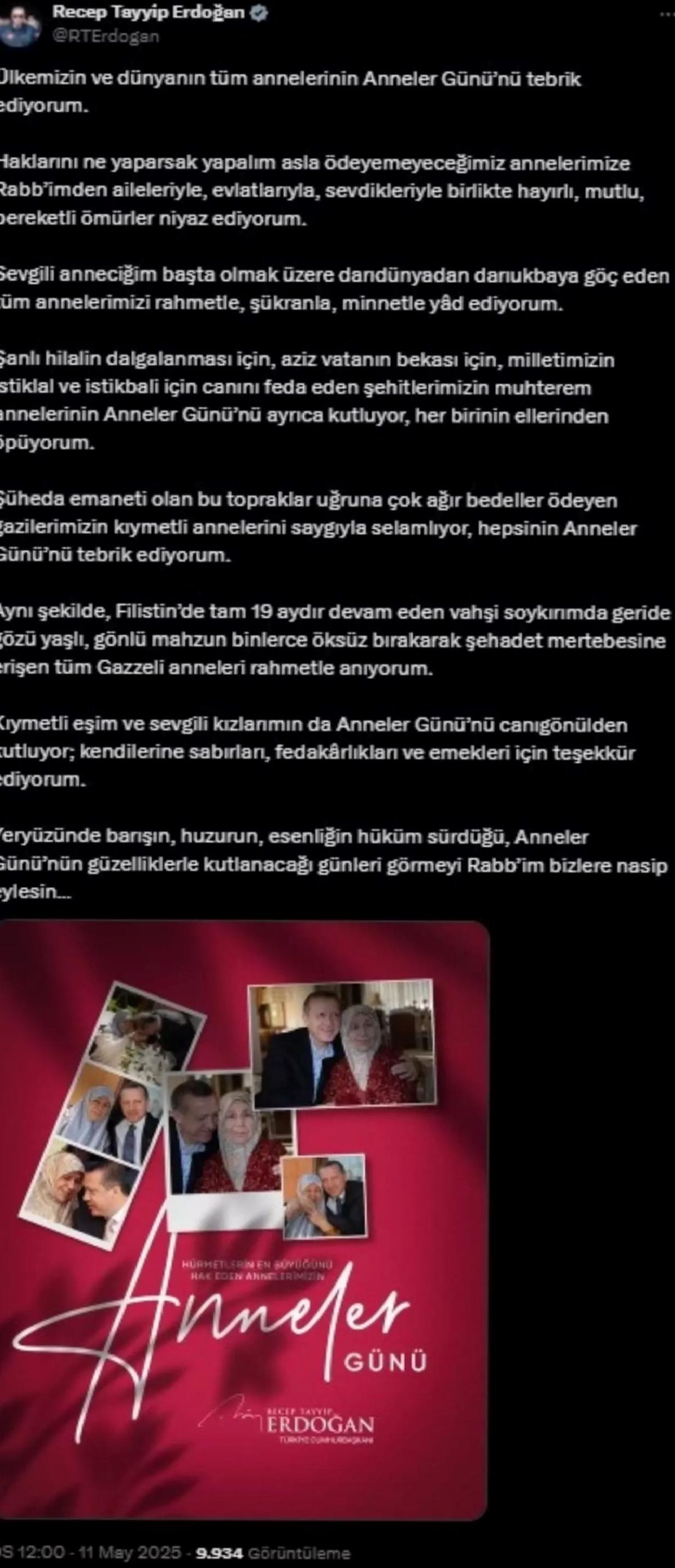 Cumhurbaşkanı Erdoğan’dan Anneler Günü Mesajı