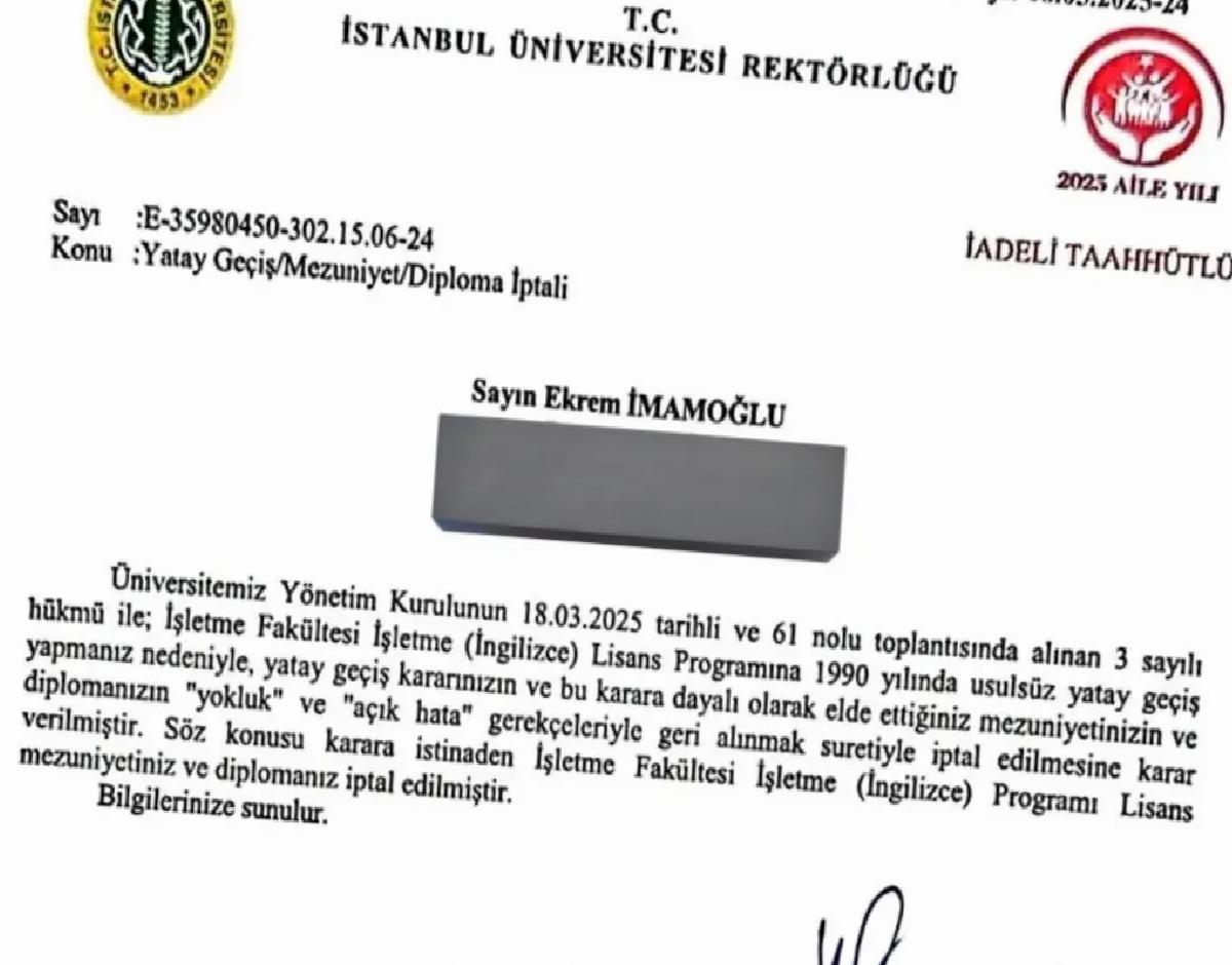 Ekrem İmamoğlu’nun Diploması İptal Edildi