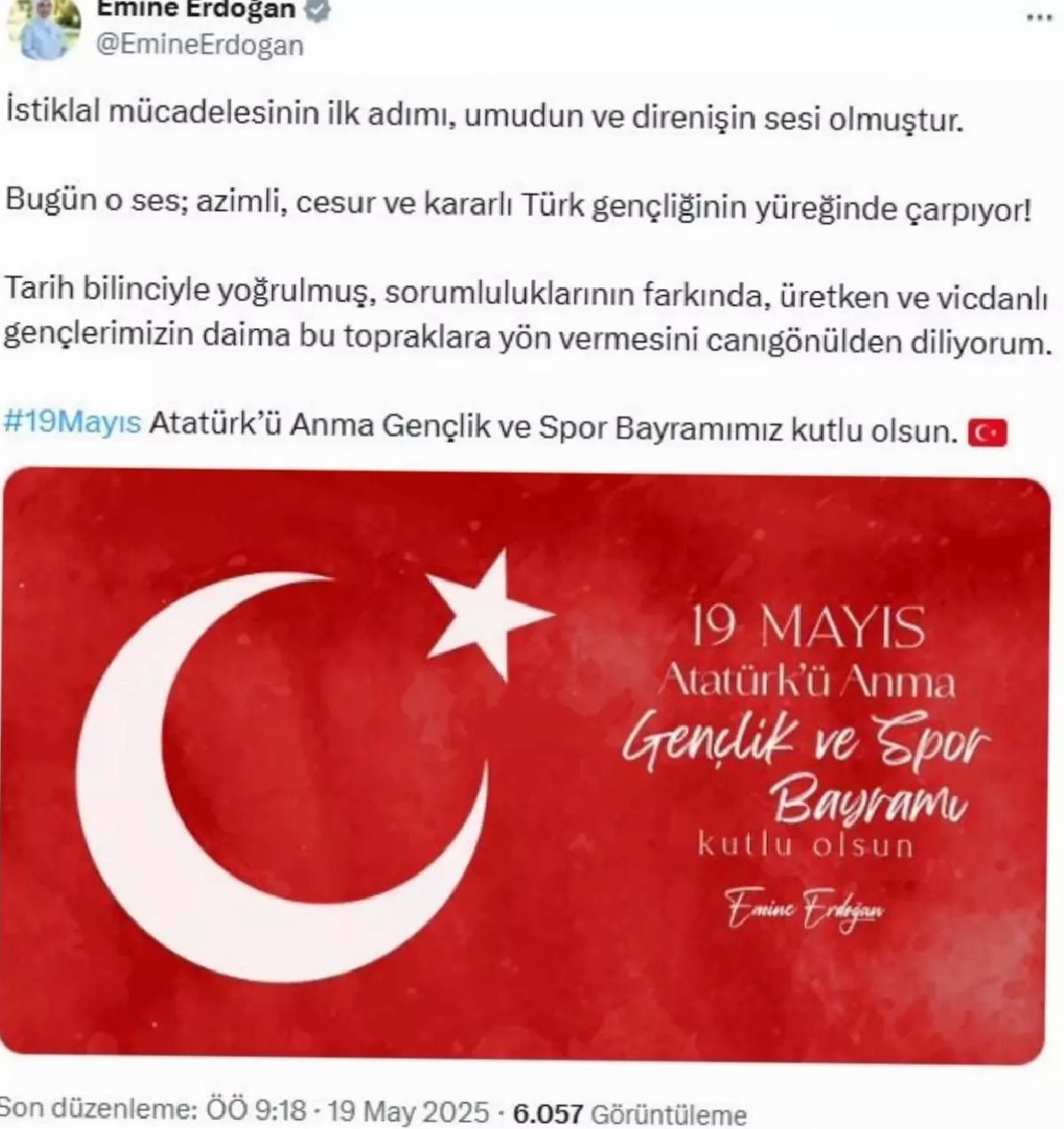 Emine Erdoğan’dan 19 Mayıs Mesajı