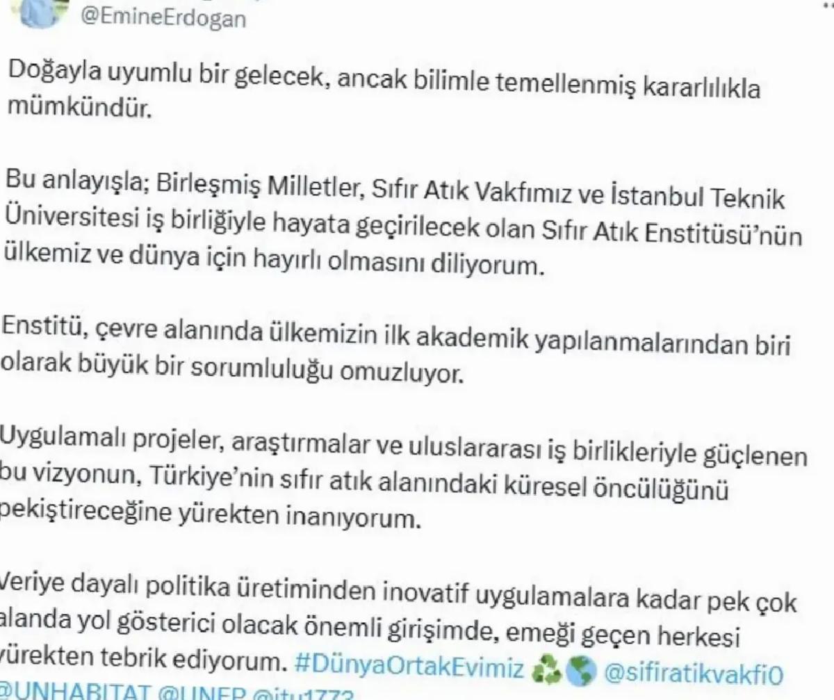 Emine Erdoğan’dan Sıfır Atık Enstitüsü paylaşımı