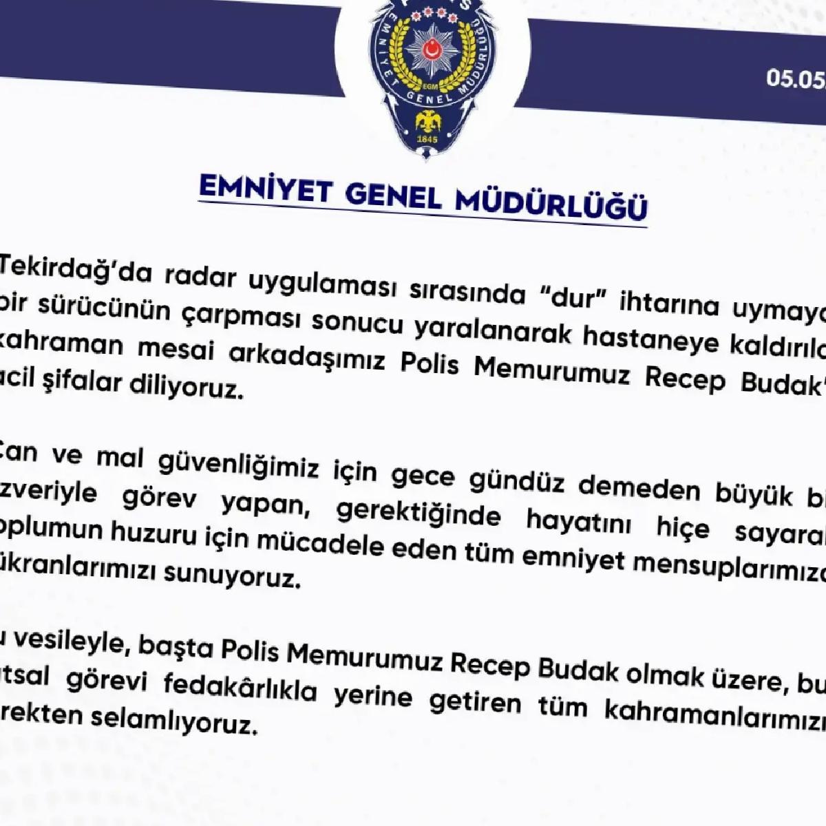 Emniyet’ten Polis Memuruna Geçmiş Olsun Mesajı