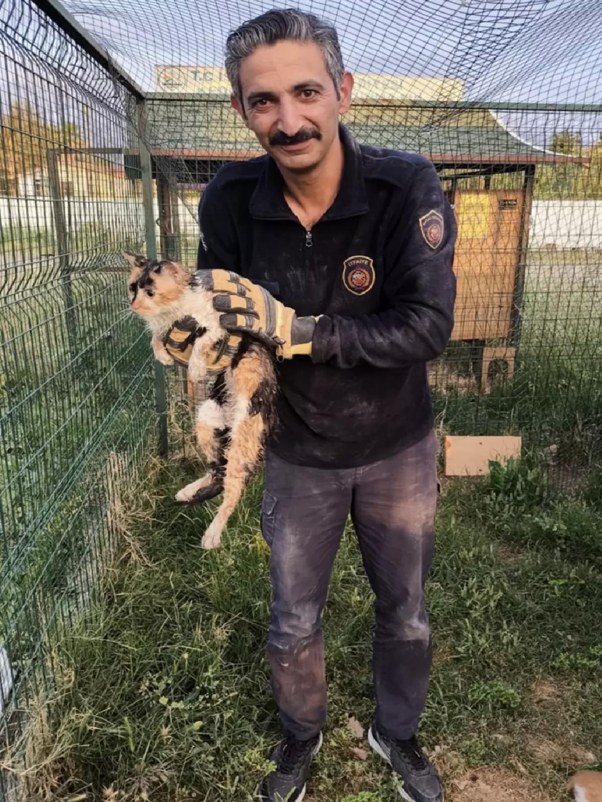 İskenderun’da Kediyi İtfaiye Kurtardı