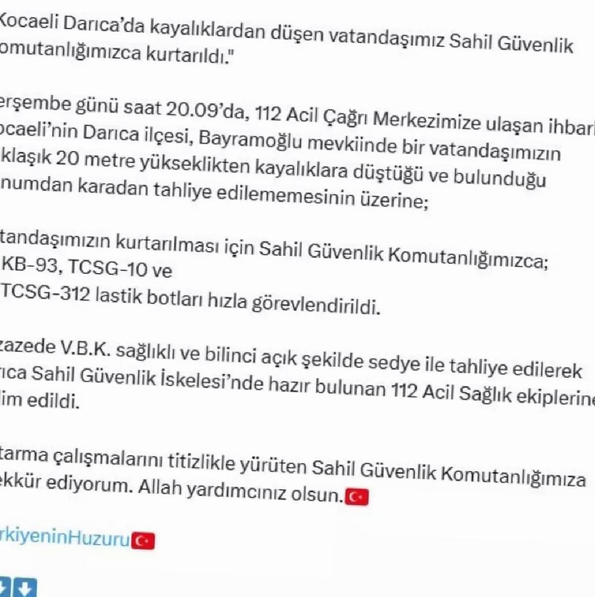 Kocaeli’de Kayalıklardan Düşen Vatandaş Kurtarıldı