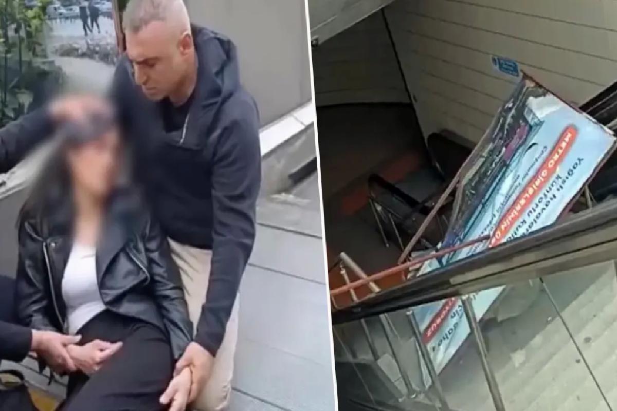 Metro istasyonunda yürüyen merdivenlerde reklam panosu genç kadının üzerine düştü