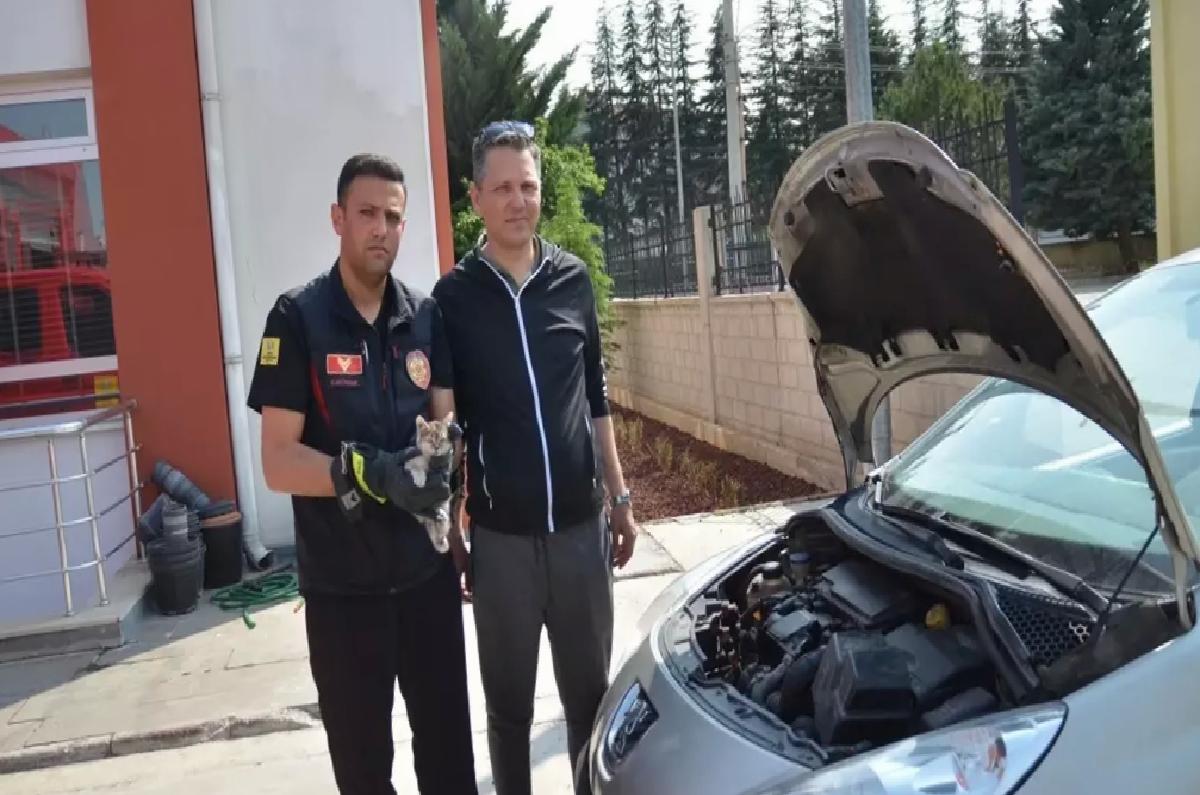 Otoparkta sıkışan kedi yavrusu kurtarıldı