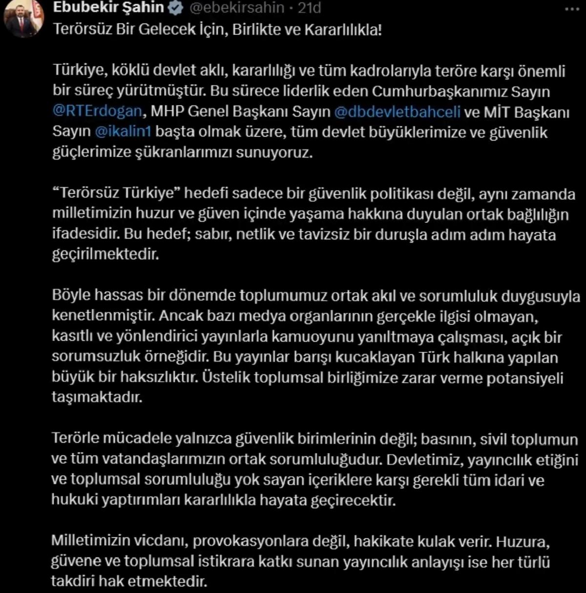 RTÜK Başkanı Şahin: ‘Terör örgütü PKK’nın fesih kararına ilişkin yanıltıcı yayınlar sorumsuzluktur’