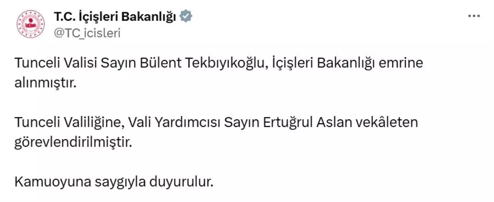 Tunceli Valisi Tekbıyıkoğlu Merkeze Alındı