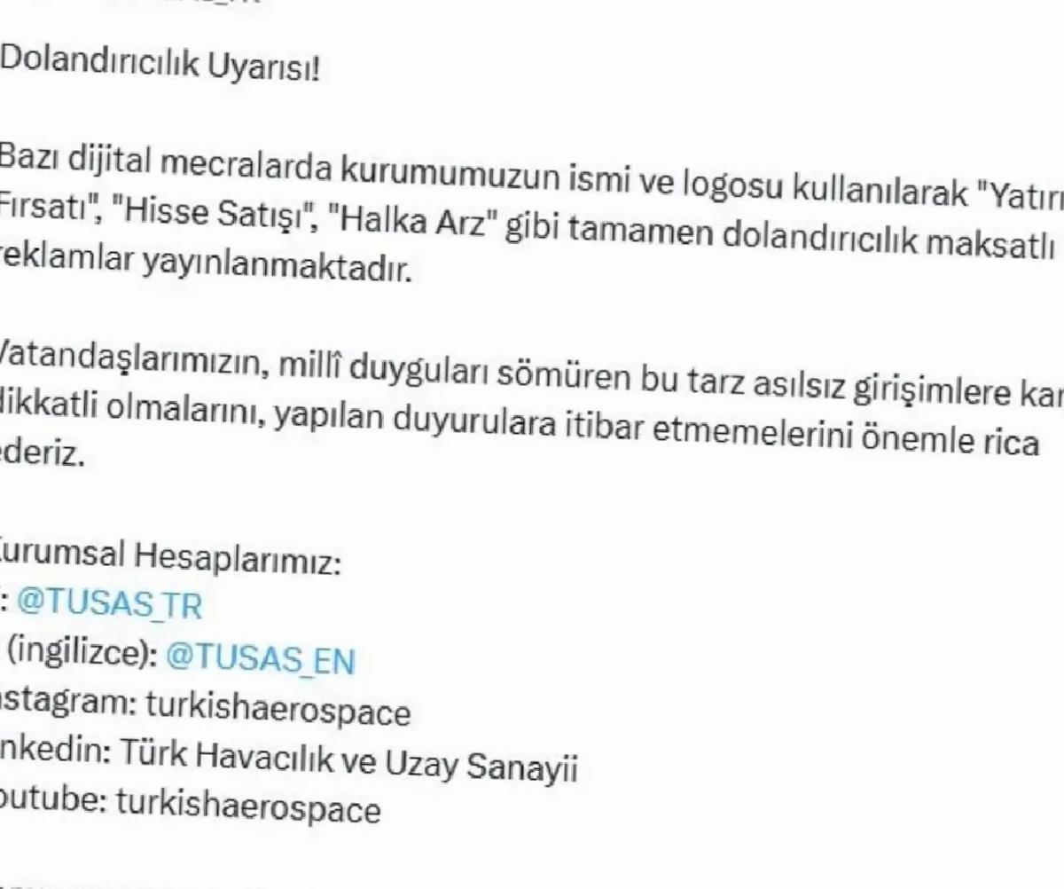 TUSAŞ’tan Dolandırıcılık Uyarısı